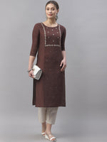 Thumbnail for Kalini Women Brown Ethnic Motifs Embroidered Thread Work Kurta - Distacart