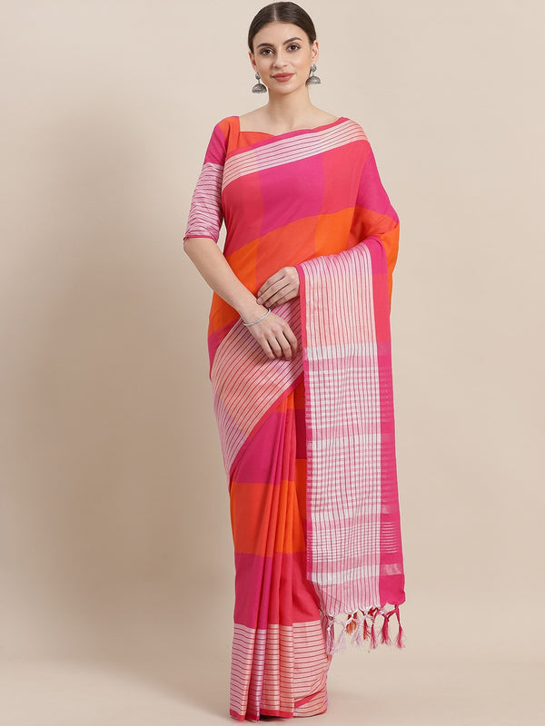 Saree Mall Pink & Orange Checked Saree - Distacart