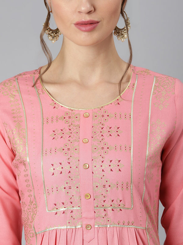 Khushal K Women Pink & Golden Ethnic Motifs Printed Kurta with Trousers & Dupatta - Distacart