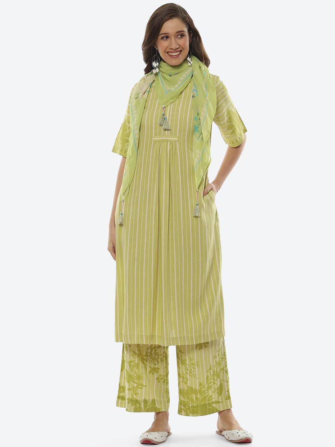 Biba Women Striped Pleated Kurta with Palazzos & Dupatta - Distacart