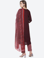 Thumbnail for Biba Women Burgundy Yoke Design Panelled Kura with Trousers & Dupatta - Distacart