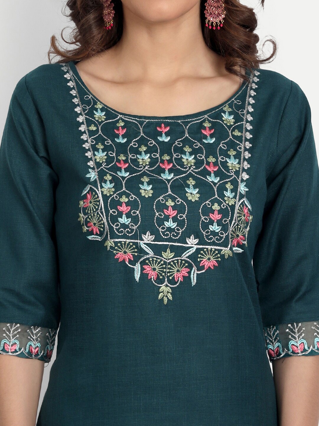 Kalini Floral Yoke Design Regular Thread Work Kurta with Trousers & With Dupatta - Distacart