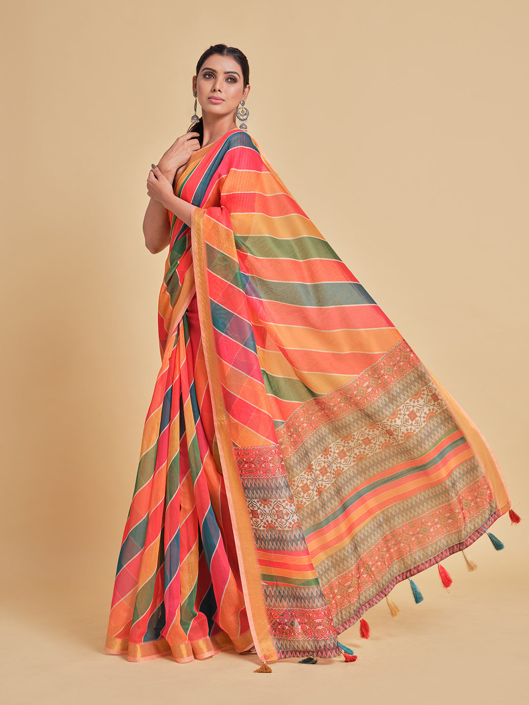 Sangria Orange & Green Printed Pure Cotton Saree - Distacart