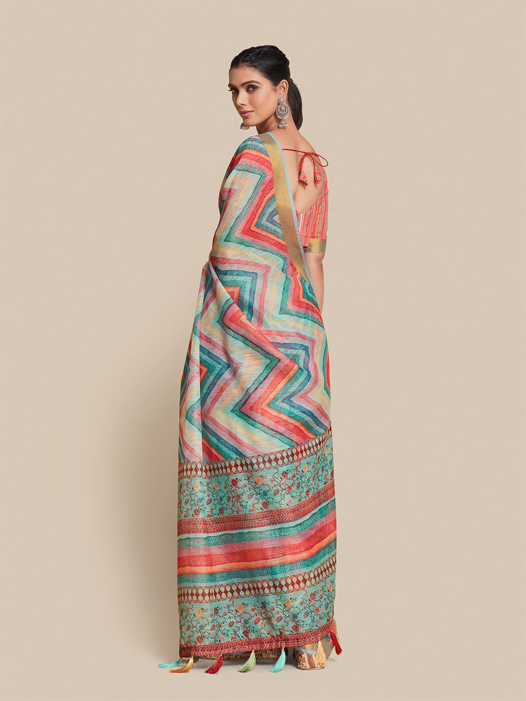 Sangria Teal & Pink Zari Saree - Distacart