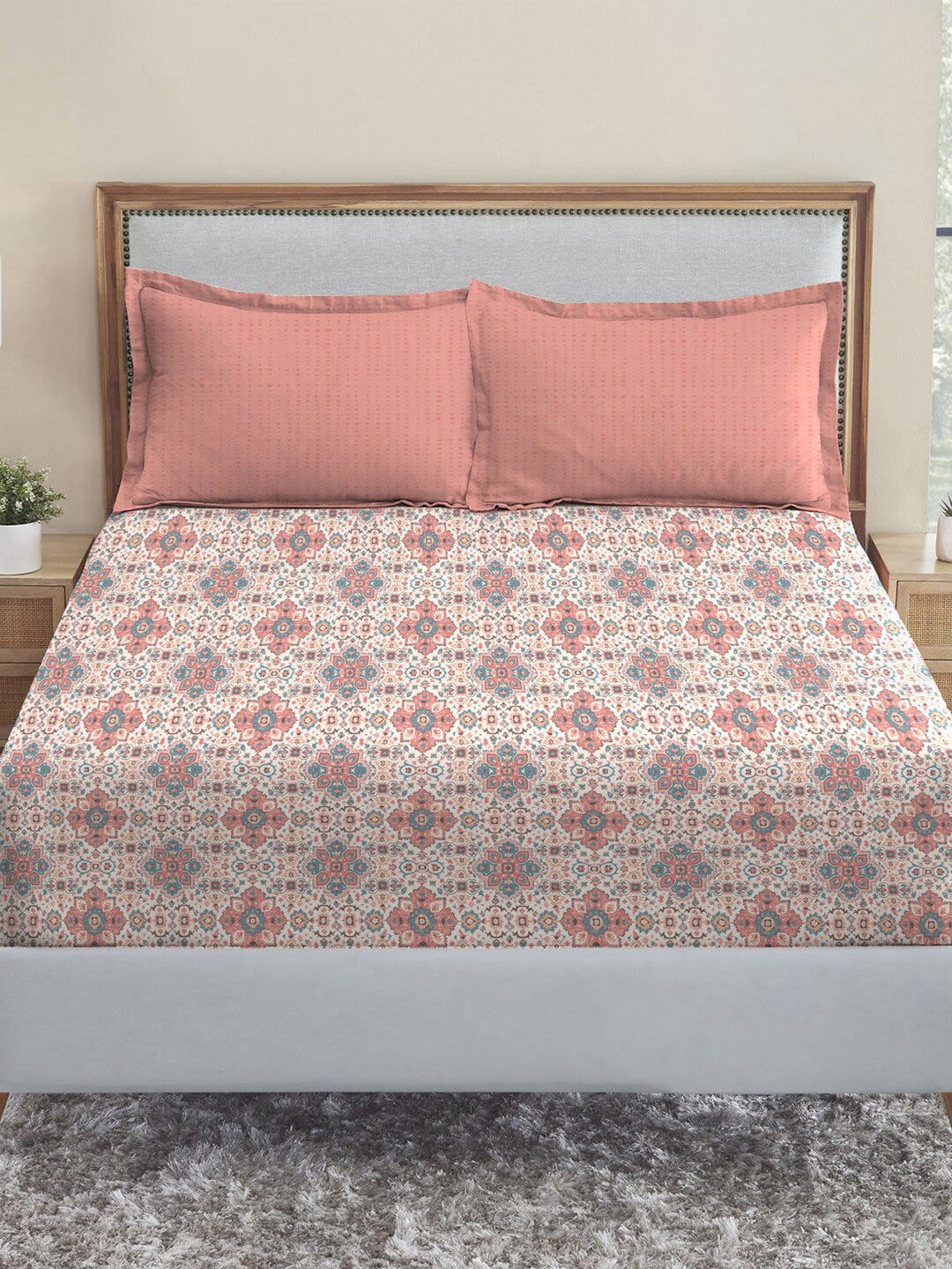 MYTRIDENT Dusk and Dawn White Printed Pure Cotton 144 TC Queen Bedsheet With 2 Pillow Covers - Distacart