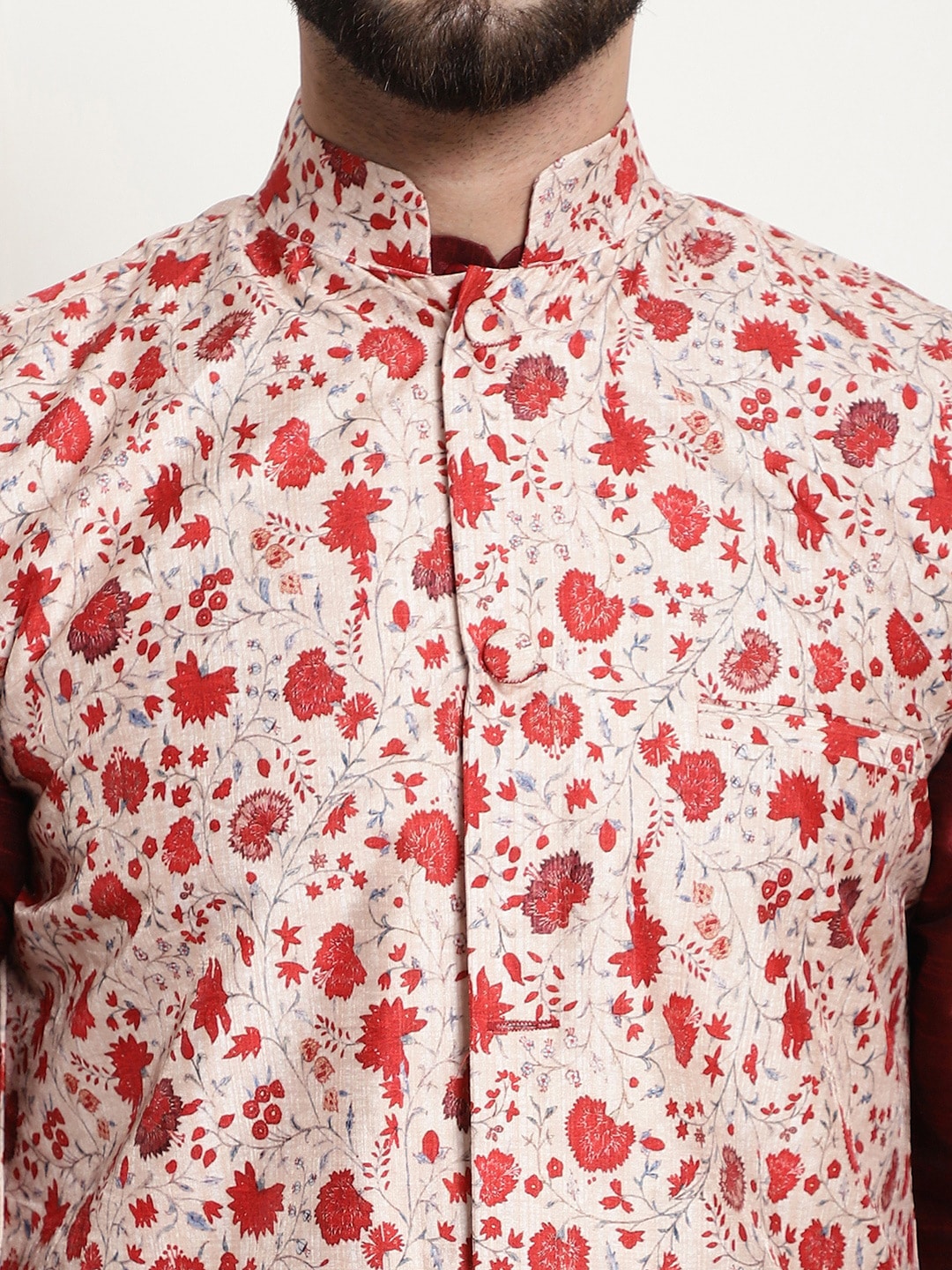 Sojanya Men Maroon & Beige Solid Kurta with Churidar & Printed Nehru Jacket - Distacart