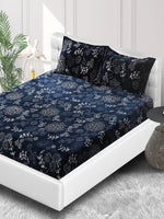 Thumbnail for Stylespace by Isha Navy Blue & White Floral Velvet 300 TC Fitted King Bedsheet Set - Distacart