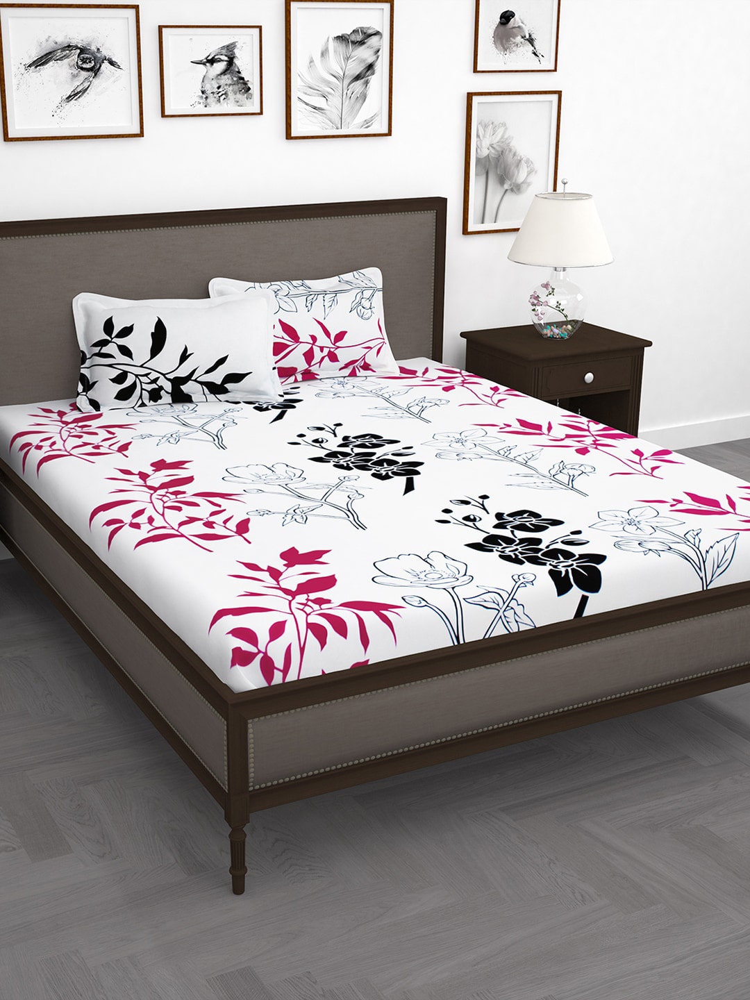 Story@home White & Pink Floral King Bedsheet with 2 Pillow Covers - Distacart