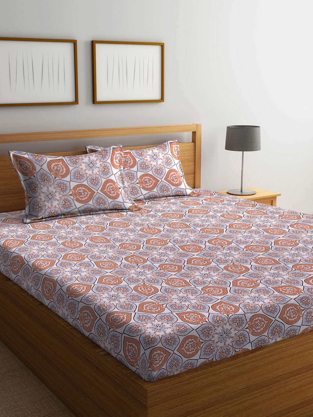 BOMBAY DYEING Brown & White Ethnic Motifs Cotton 104 TC King Bedsheet with 2 Pillow Covers - Distacart