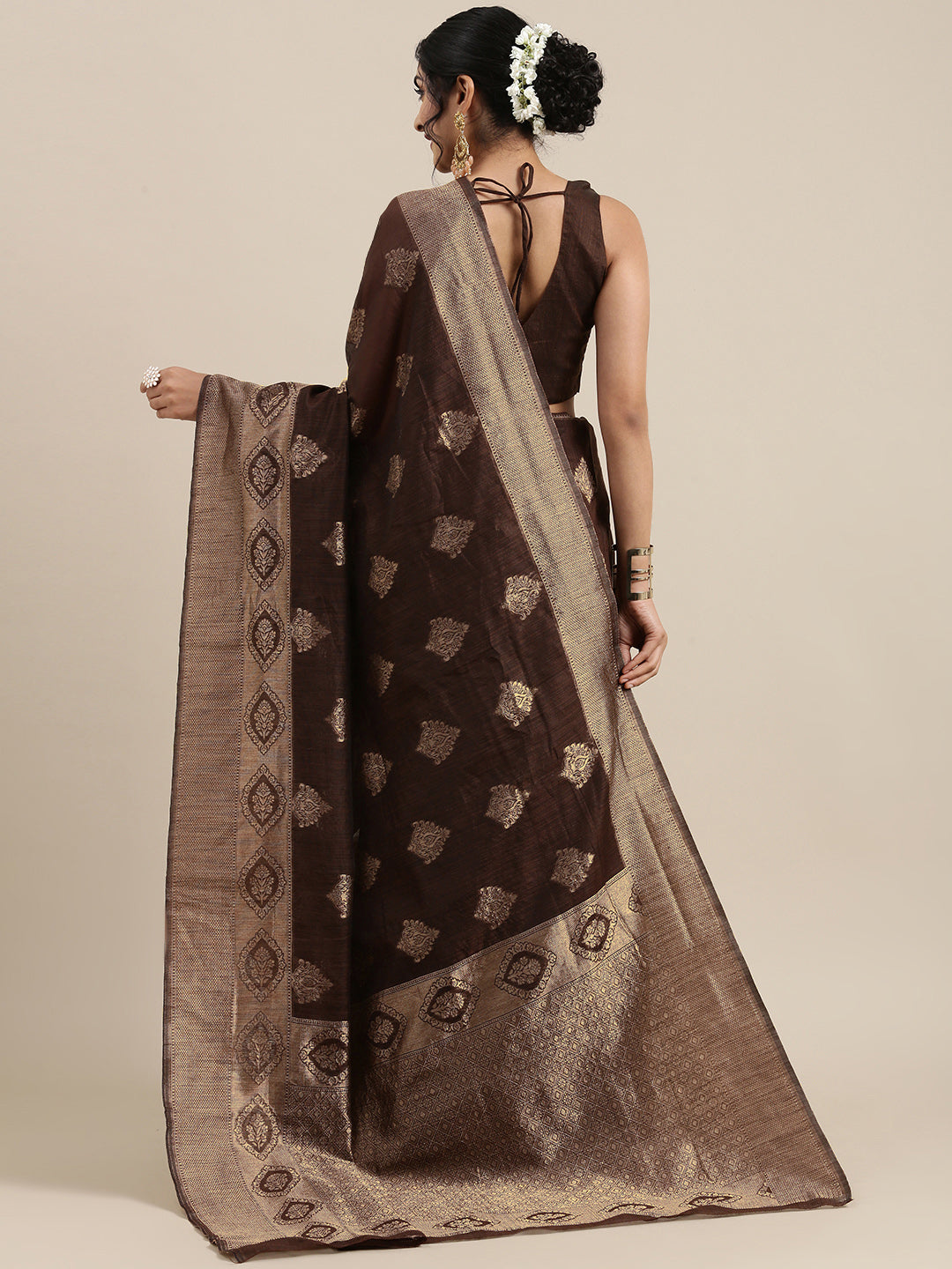 Saree Mall Brown Ethnic Motifs Linen Blend Banarasi Saree - Distacart