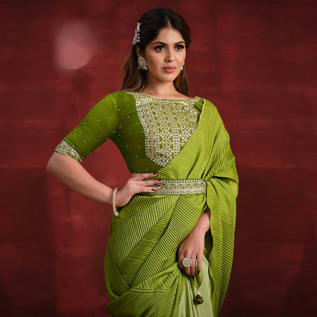 Green Crepe Silk Georgette Zari & Stone Work/ Texture Pallu Saree - Mohmanthan Kimiya - Distacart