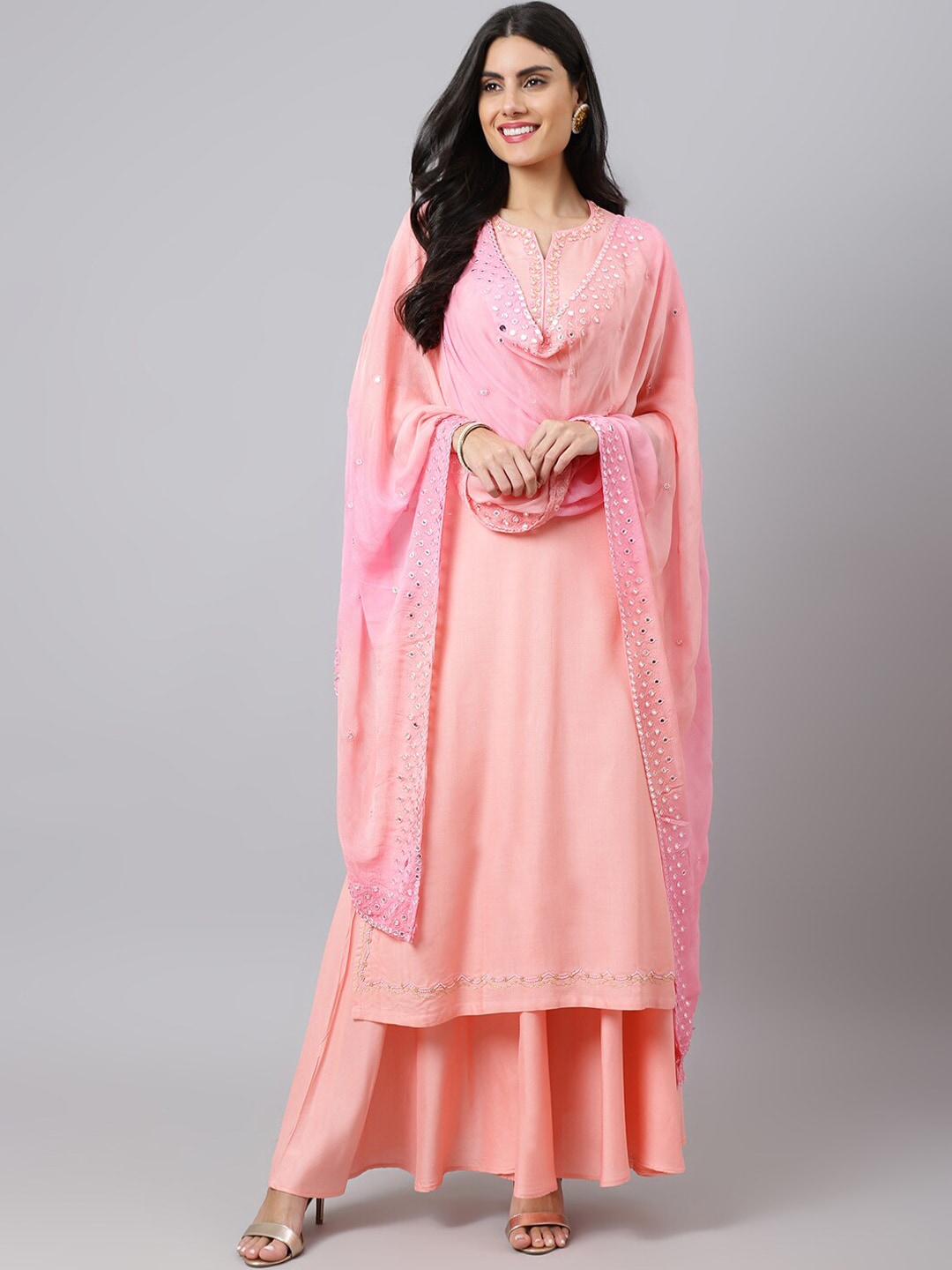 Khushal K Yoke Design Mirror Work Kurta with Palazzos & Dupatta - Distacart