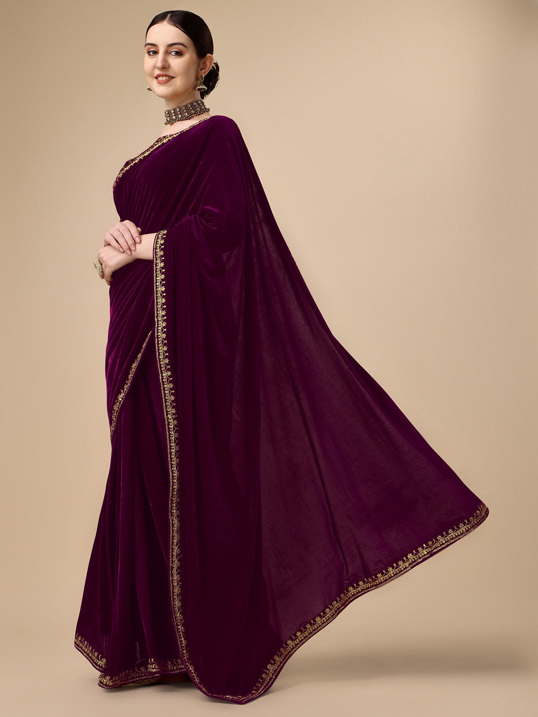 Kalini Embroidered Border Velvet Saree - Distacart
