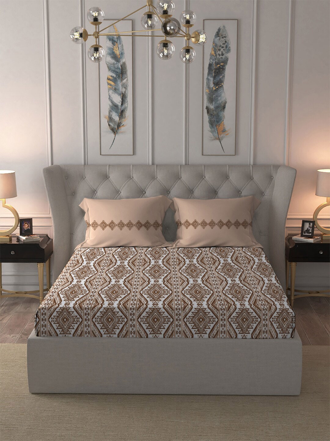 MYTRIDENT Brown Ethnic Motifs Cotton 120 TC Queen Bedsheet With 2 Pillow Covers - Distacart