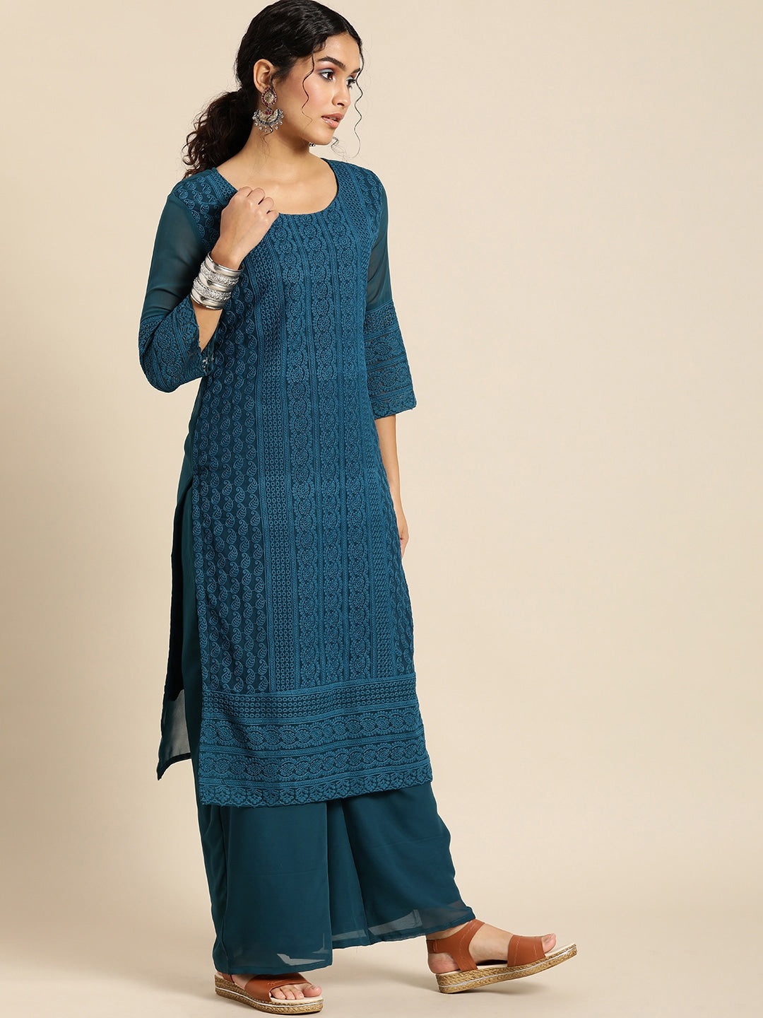 Sangria Women Teal Blue Ethnic Motifs Chikankari Kurta with Palazzos - Distacart