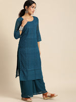 Thumbnail for Sangria Women Teal Blue Ethnic Motifs Chikankari Kurta with Palazzos - Distacart