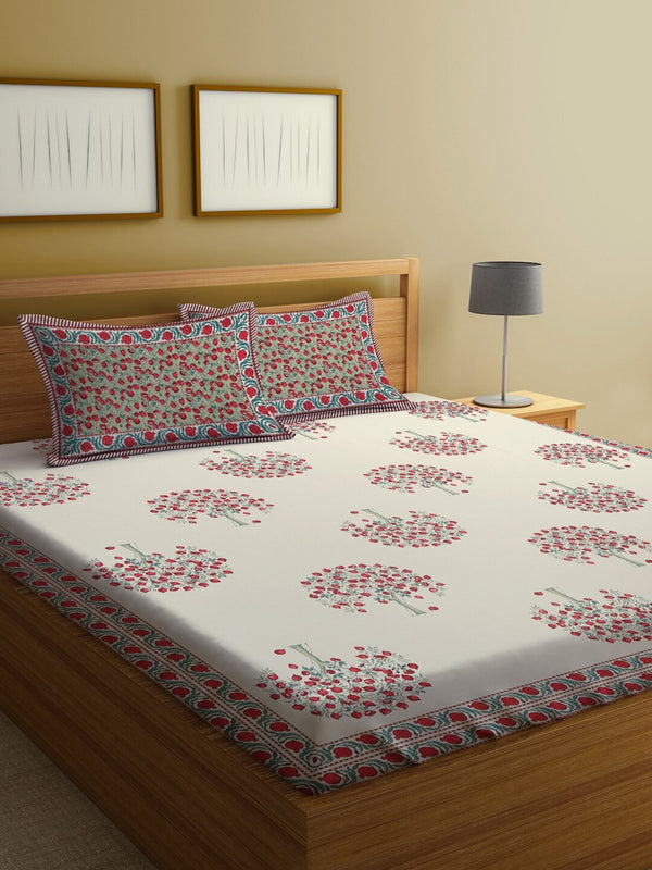 Rajasthan Decor Cream-Coloured Ethnic Motifs 144 TC Cotton King Bedsheet & 2 Pillow Covers - Distacart