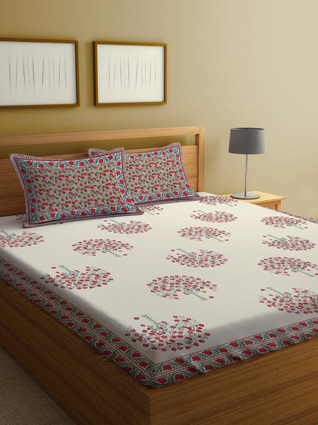 Rajasthan Decor Cream-Coloured Ethnic Motifs 144 TC Cotton King Bedsheet & 2 Pillow Covers - Distacart