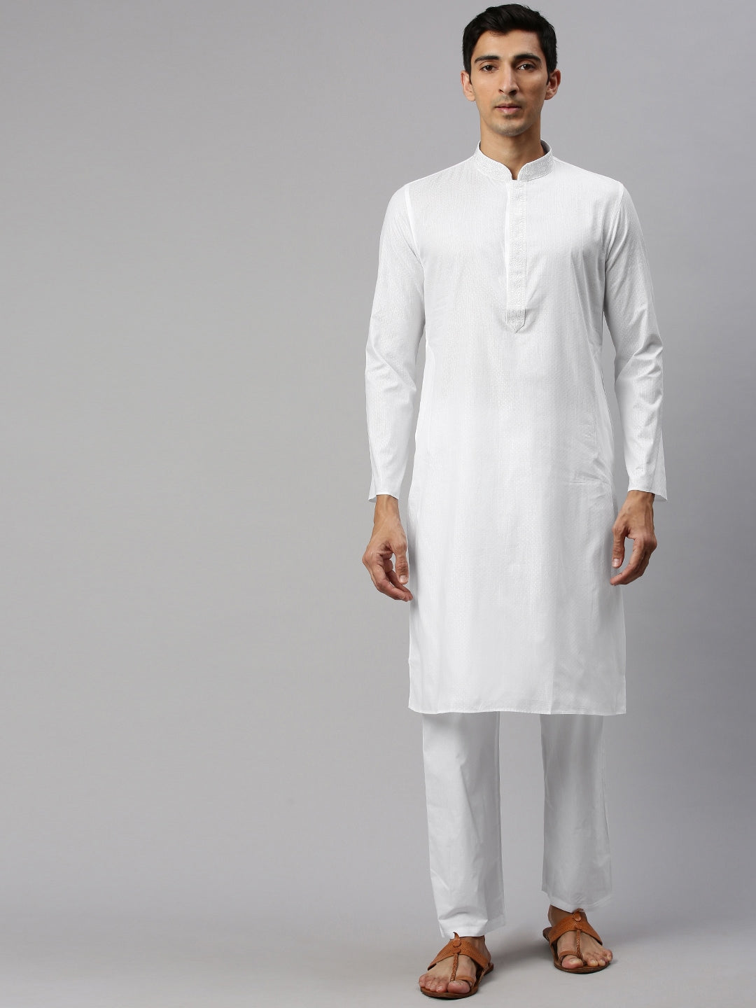 Manyavar Men White Self Design Kurta with Pyjamas - Distacart