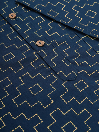 Janasya Men Navy Blue & Yellow Geometric Printed Kurta - Distacart