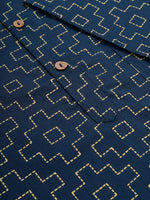 Thumbnail for Janasya Men Navy Blue & Yellow Geometric Printed Kurta - Distacart