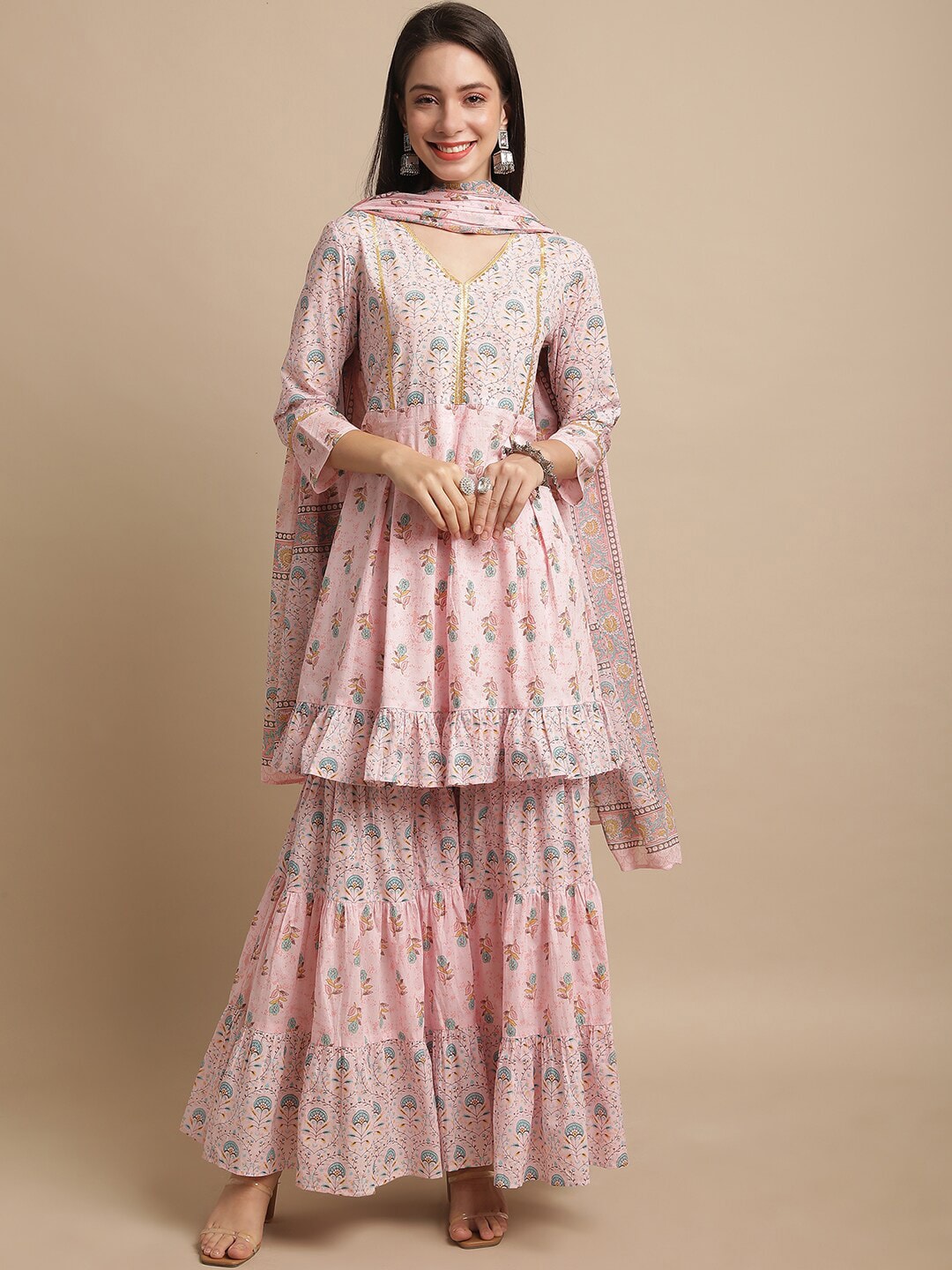 Kalini Floral Printed Empire Gotta Patti Pure Cotton Kurta With Sharara & Dupatta - Distacart