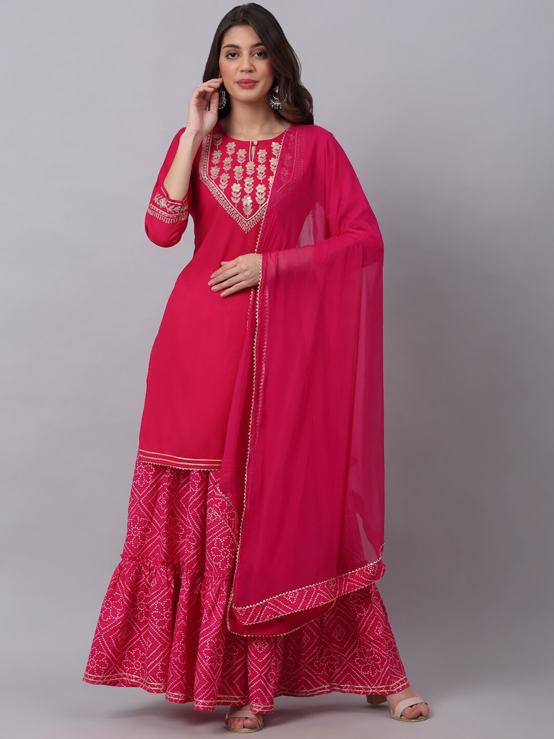 Kalini Women Pink Floral Embroidered Layered Gotta Patti Kurti with Sharara & With Dupatta - Distacart