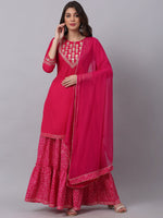 Thumbnail for Kalini Women Pink Floral Embroidered Layered Gotta Patti Kurti with Sharara & With Dupatta - Distacart