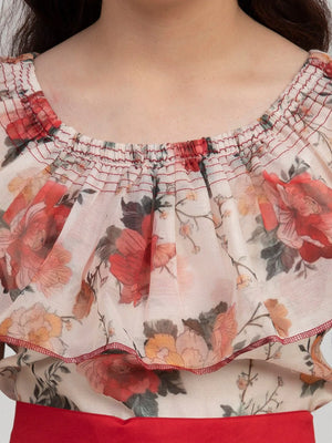 NOZ2TOZ Off White & Red Floral Print Maxi Dress For Girls - Distacart