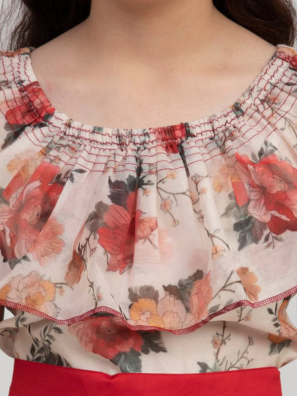 NOZ2TOZ Off White & Red Floral Print Maxi Dress For Girls - Distacart
