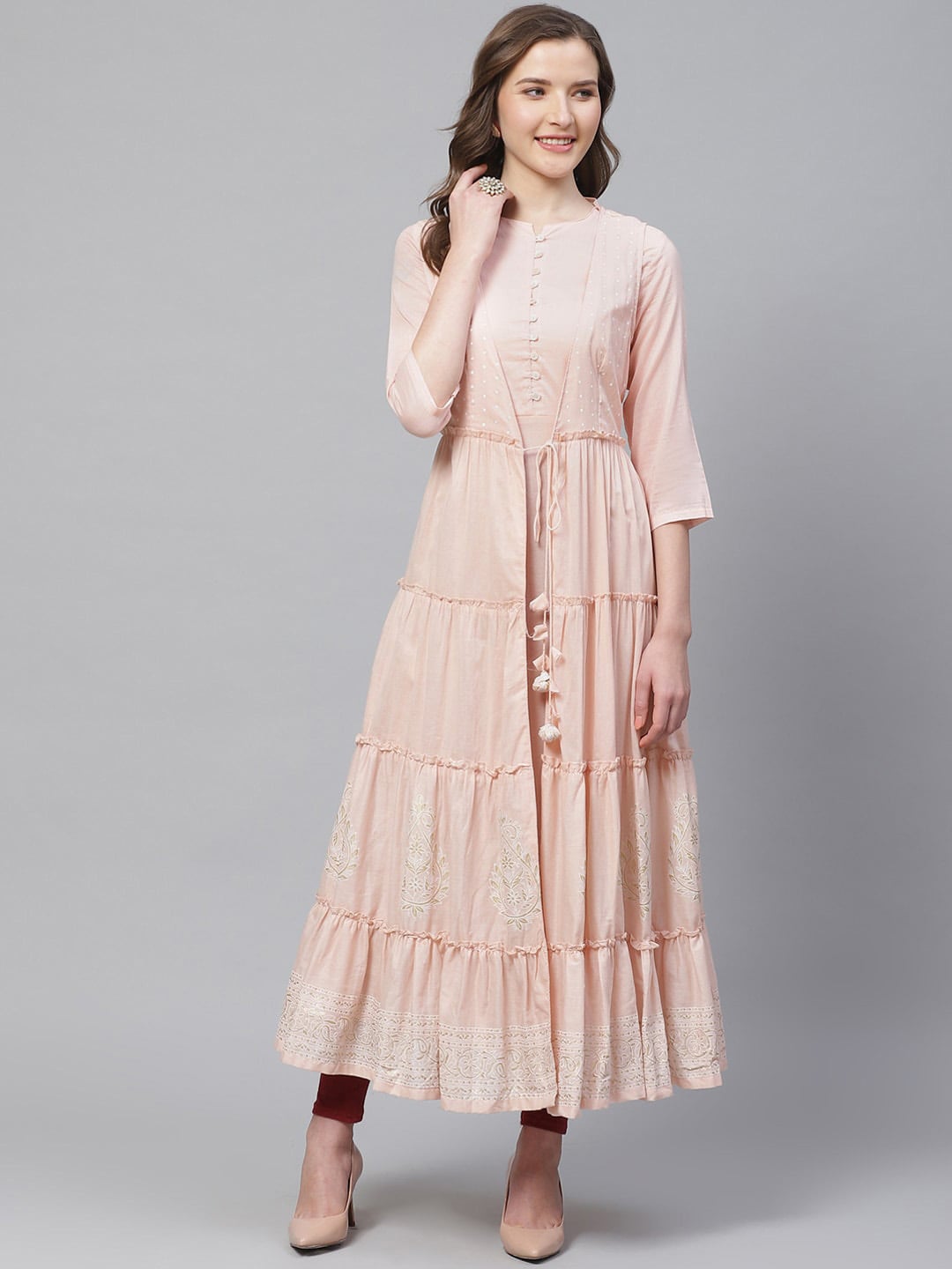 Biba Women Peach-Coloured Printed Layered Tiered Anarkali Kurta - Distacart