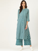 Thumbnail for Sangria Women Teal Blue Striped Pure Cotton Kurta with Palazzos - Distacart