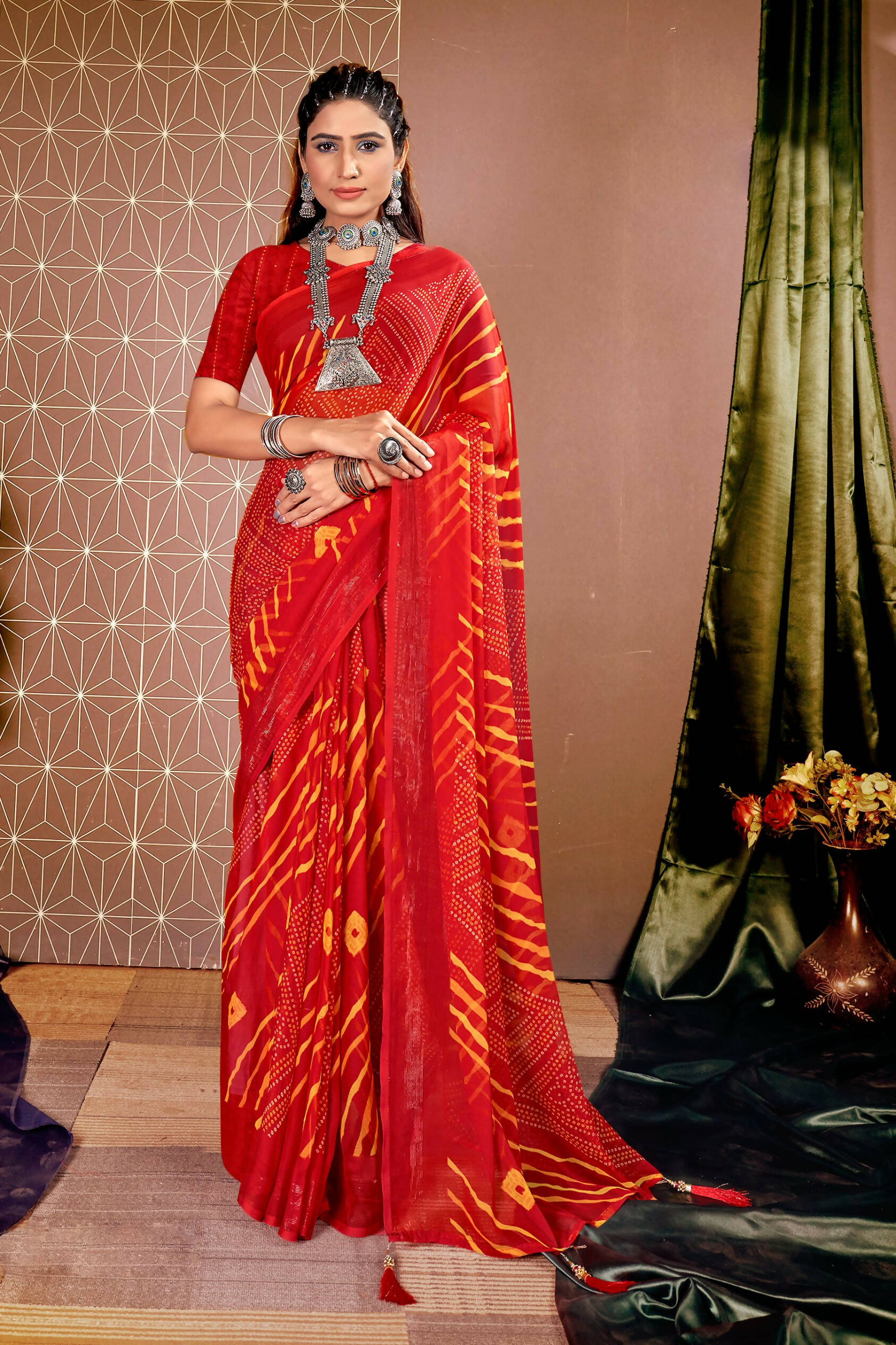 Red Chiffon Leheriya Printed Saree With Unstitched Blouse Piece - Shanaya - Distacart