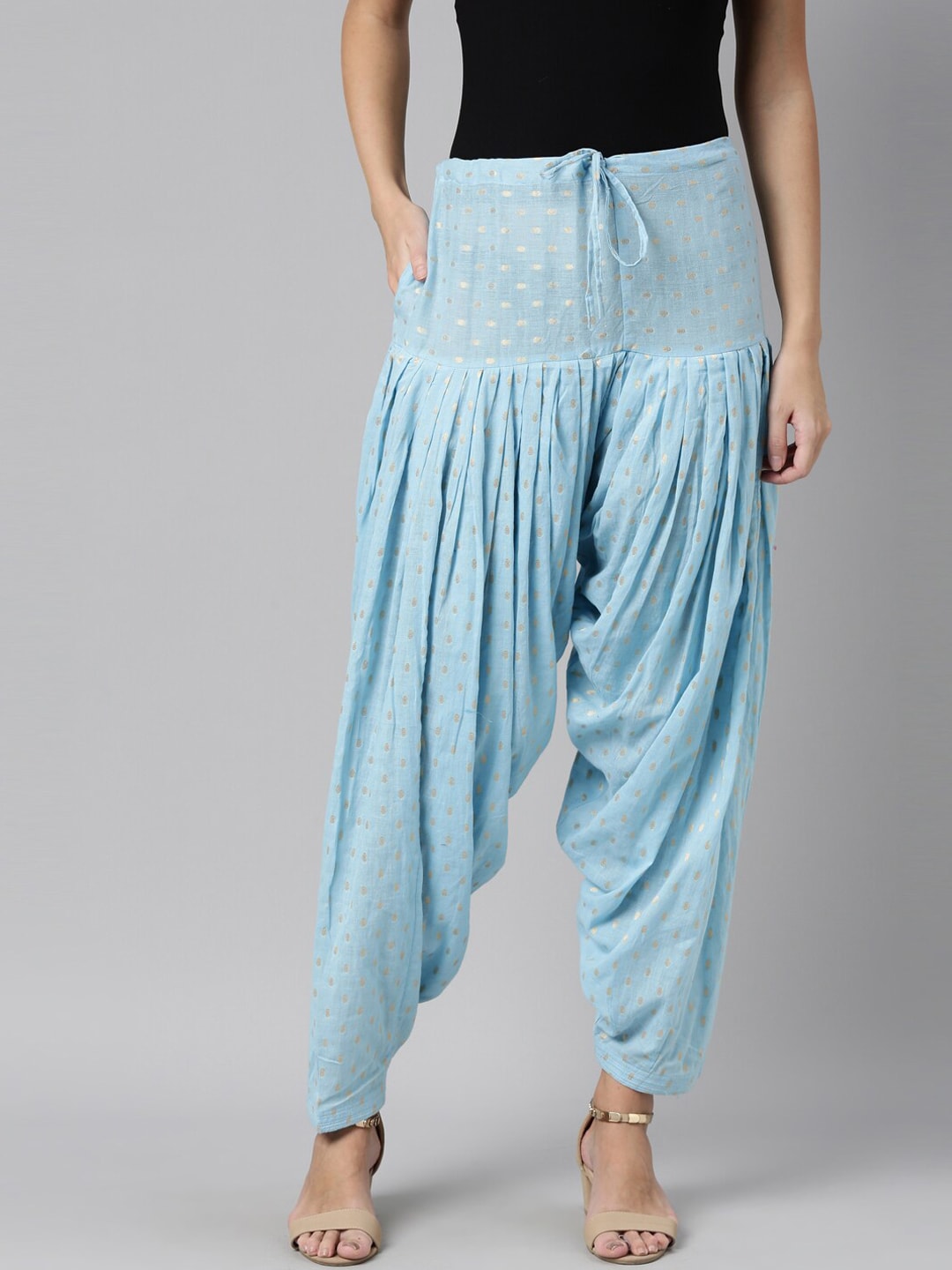Souchii Blue & Gold-Coloured Woven Design Pure Cotton Patiala - Distacart