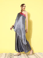 Thumbnail for InWeave Women's Grey Pink Brocade Satin Oneshoulder Kurta Set - Distacart