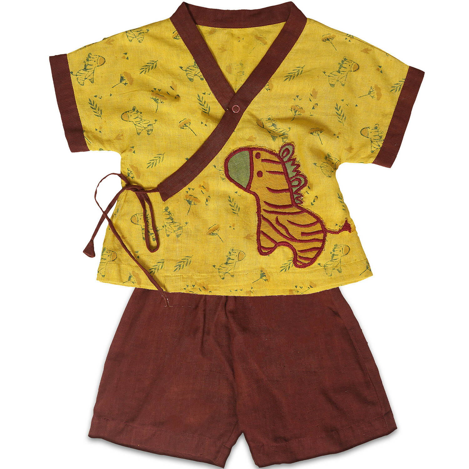 Mhyssa V Neck Kimono Style Half Sleeve Printed Yellow T-shirt With Matching Maroon Shorts Set - Distacart