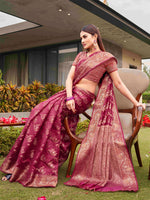 Thumbnail for Tikhi Imli Pink Ethnic Motifs Woven Design Zari Saree - Distacart