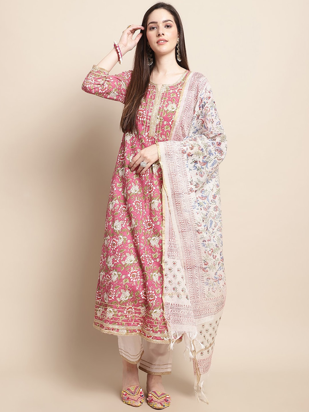 Sangria Pink Floral Printed Yoke Embroidered Pure Cotton Kurta With Trouser & Dupatta - Distacart