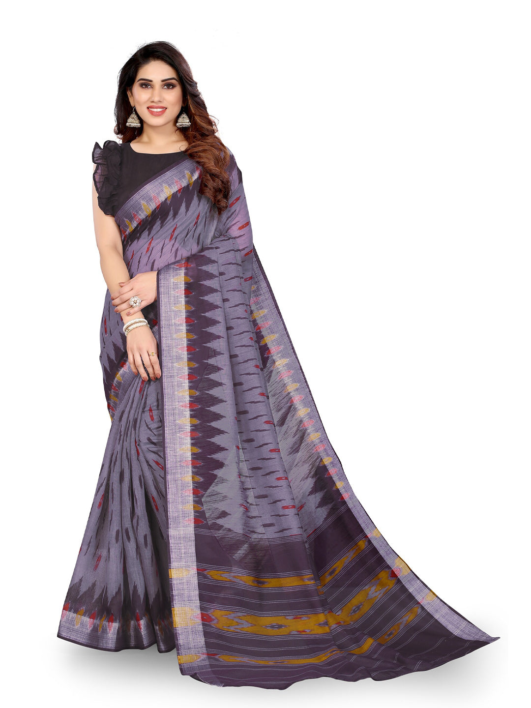 Kalini Purple & Mustard Zari Ikat Saree - Distacart