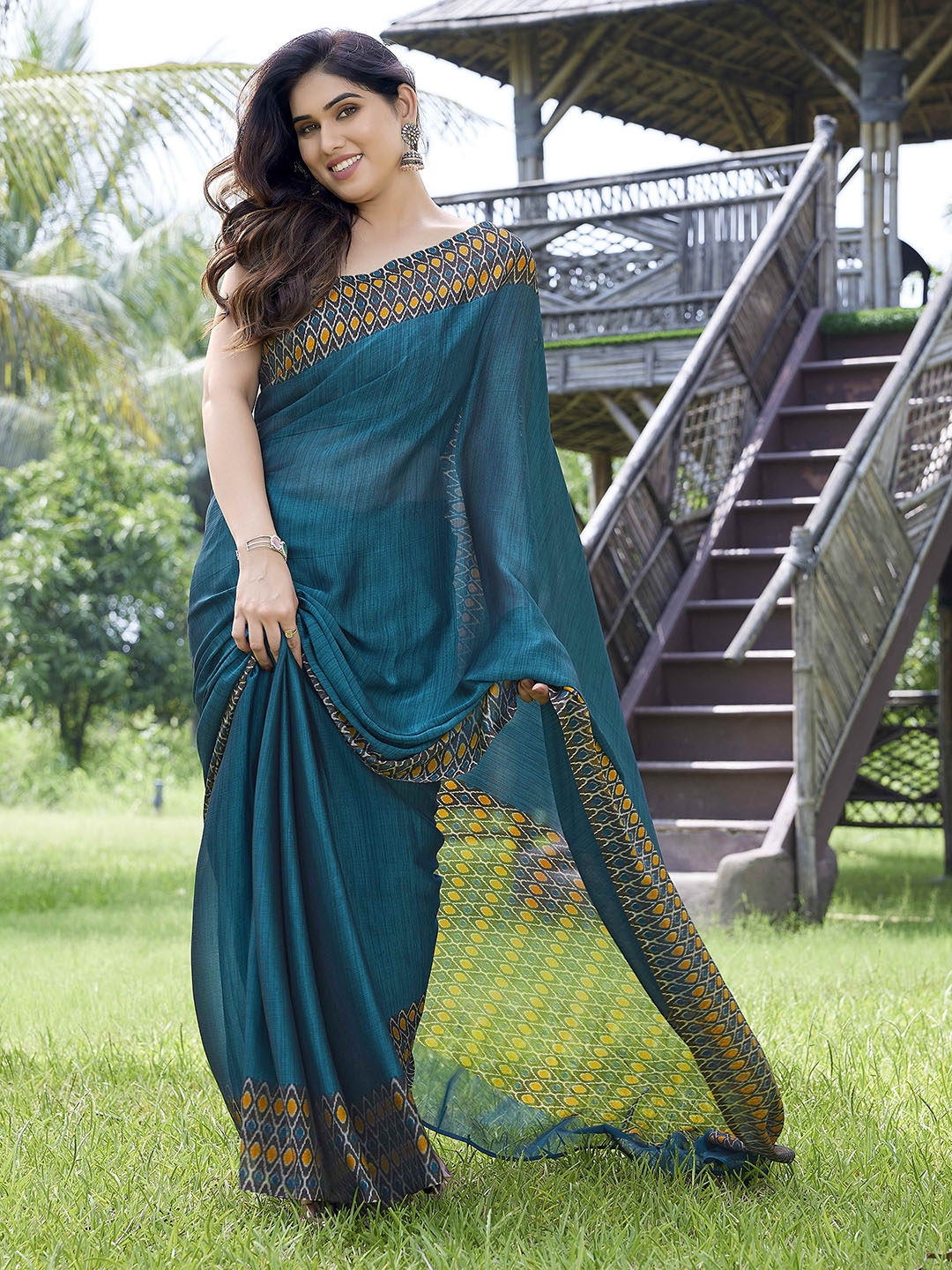 Kalini Turquoise Blue & Brown Solid Printed Border Chiffon Saree - Distacart