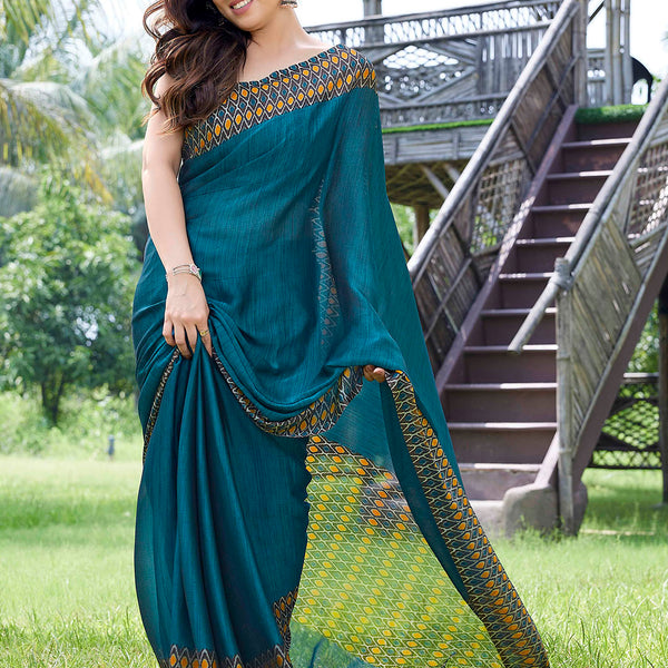 Kalini Turquoise Blue & Brown Solid Printed Border Chiffon Saree - Distacart
