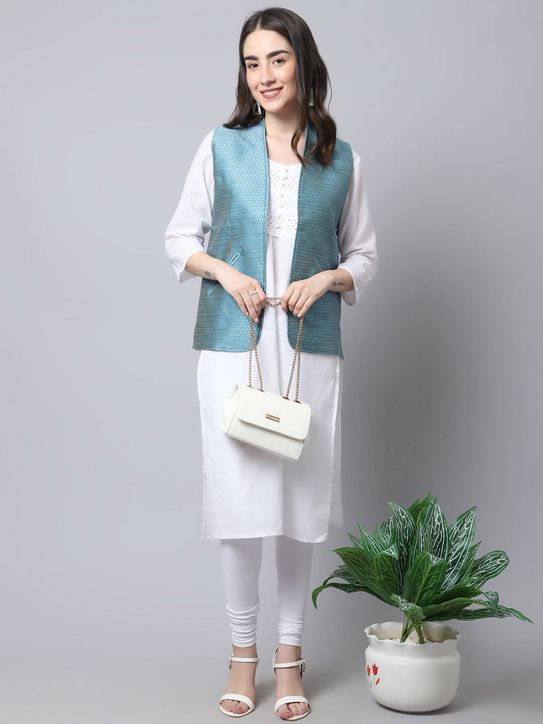 Even Apparels Blue Bansari Silk Open Front Gillet - Distacart