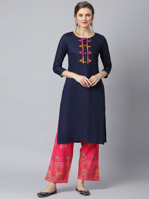 Khushal K Women Navy Blue & Red Yoke Design Viscose Rayon Kurta with Palazzos - Distacart