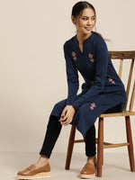 Thumbnail for Sangria Deep Navy Blue Acrylic Winter Kurta - Distacart