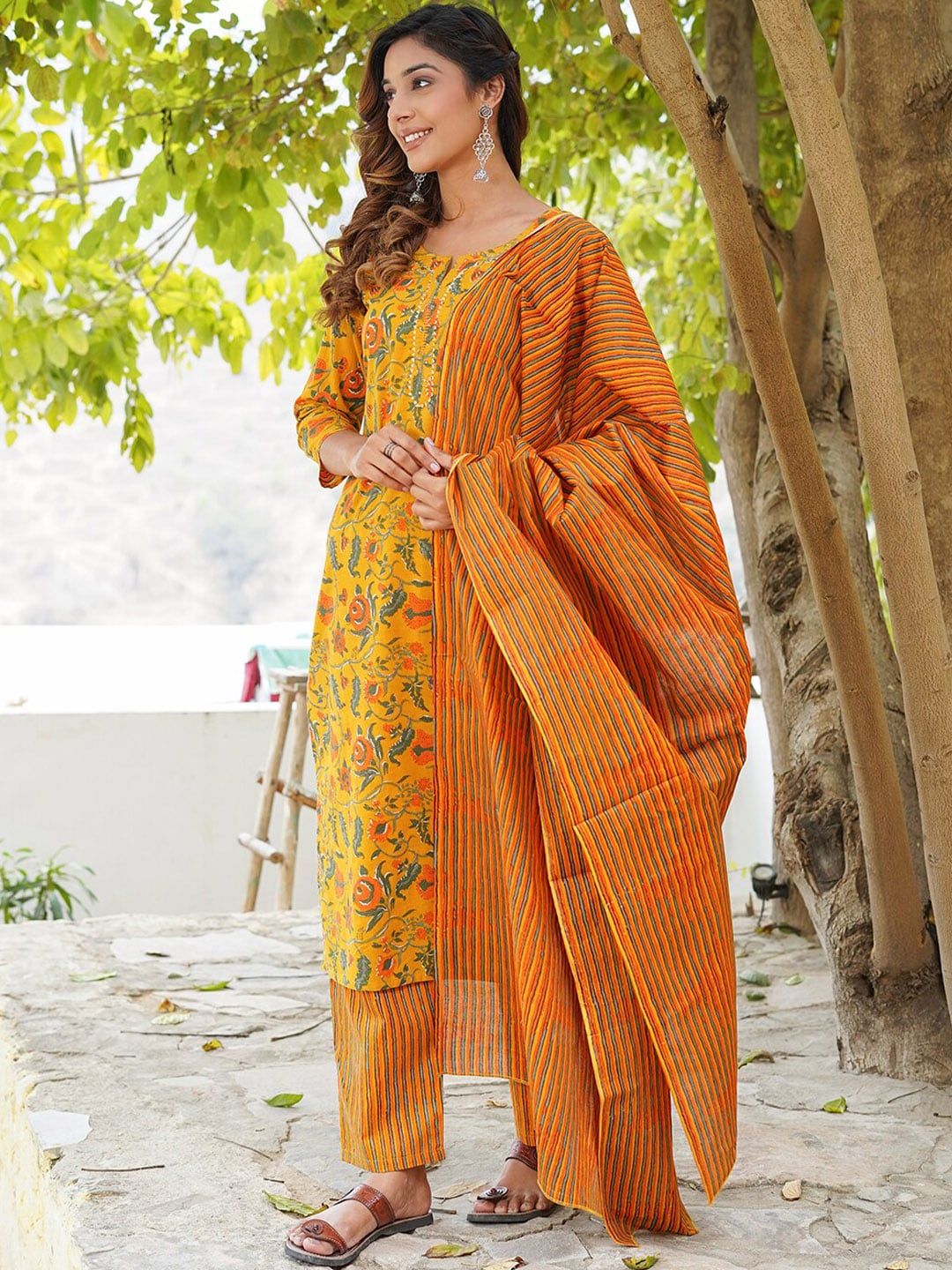 Kalini Floral Printed Gotta Patti Sequined Pure Cotton Kurta with Trousers & Dupatta - Distacart