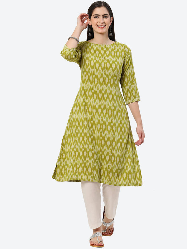 Biba Ethnic Motifs Woven Design Ikat Boat Neck Pure Cotton Kurta - Distacart