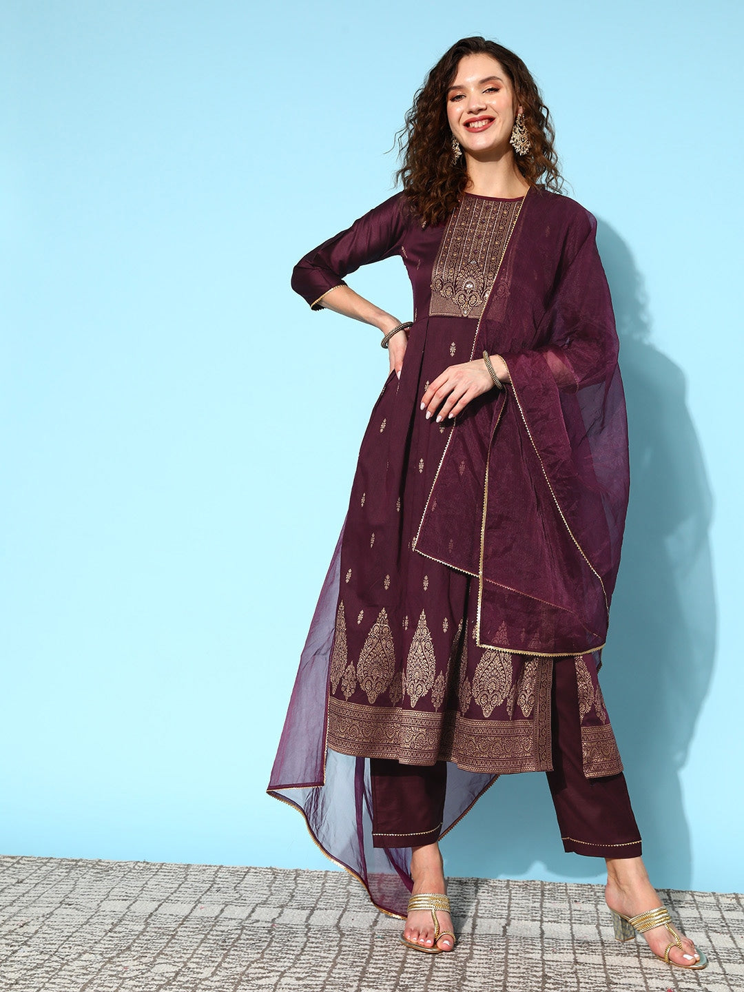 Sangria Ethnic Motifs Yoke Design Pleated Chanderi Silk Kurta with Trousers & Dupatta - Distacart