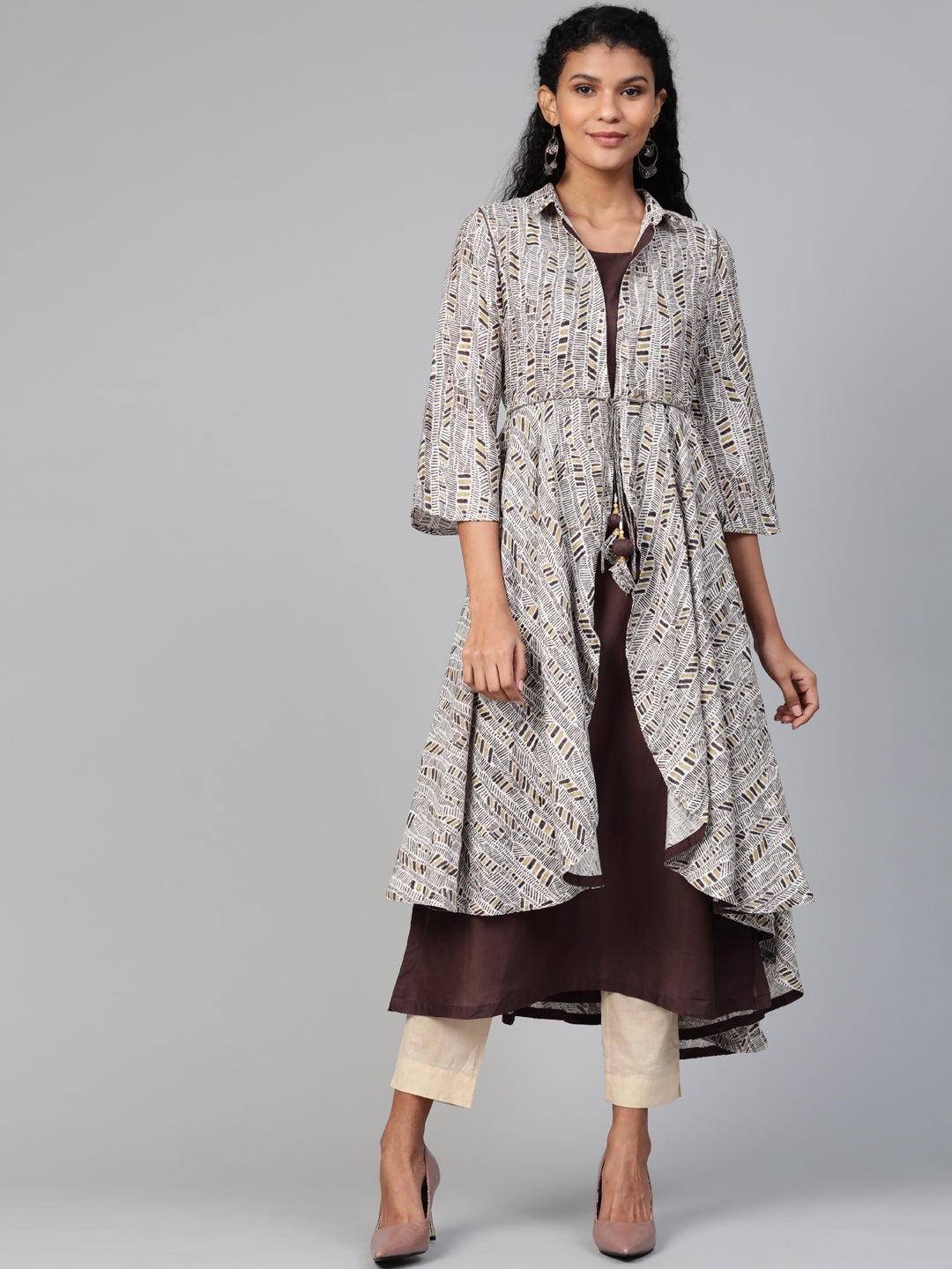 Biba Women Coffee Brown & Off-White Printed A-Line Kurta with Printed Layer - Distacart