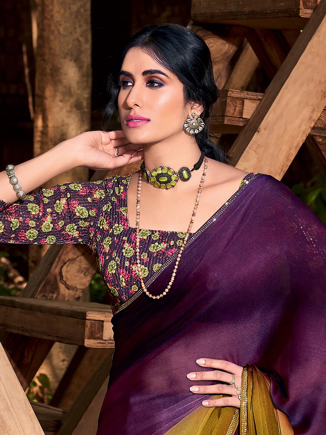 Saree Mall Purple & Beige Ombre Embroidered Sarees - Distacart