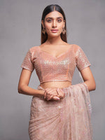 Thumbnail for Mitera Peach-Coloured & Silver-Toned Ethnic Motifs Embroidered Net Saree - Distacart